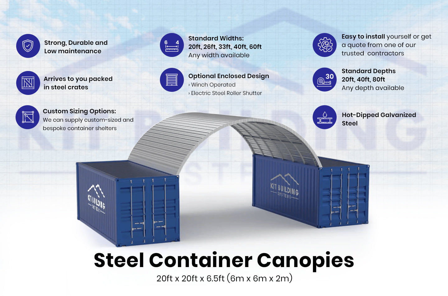 Container baldakiner - 20 fod x 20 fod x 6,5 fod (6m x 6m x 2m)