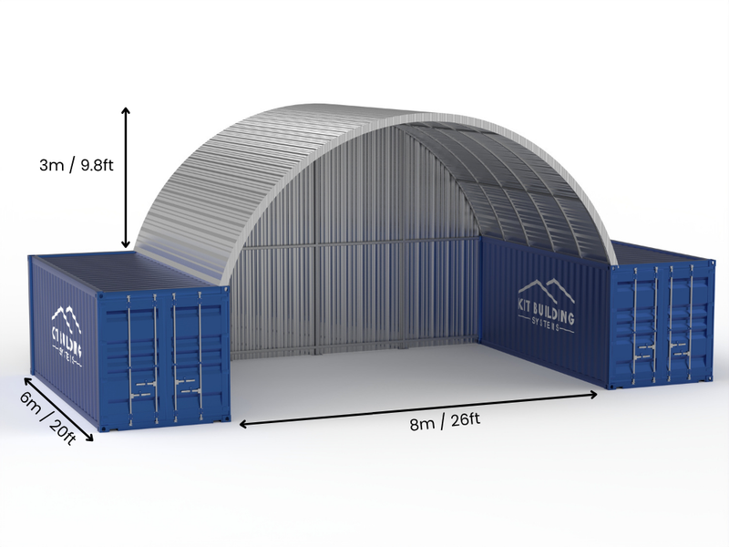 8m (26ft) spændvidde | Stålcontainer baldakiner 26ft bredde, 10ft højde (8m x 3m)