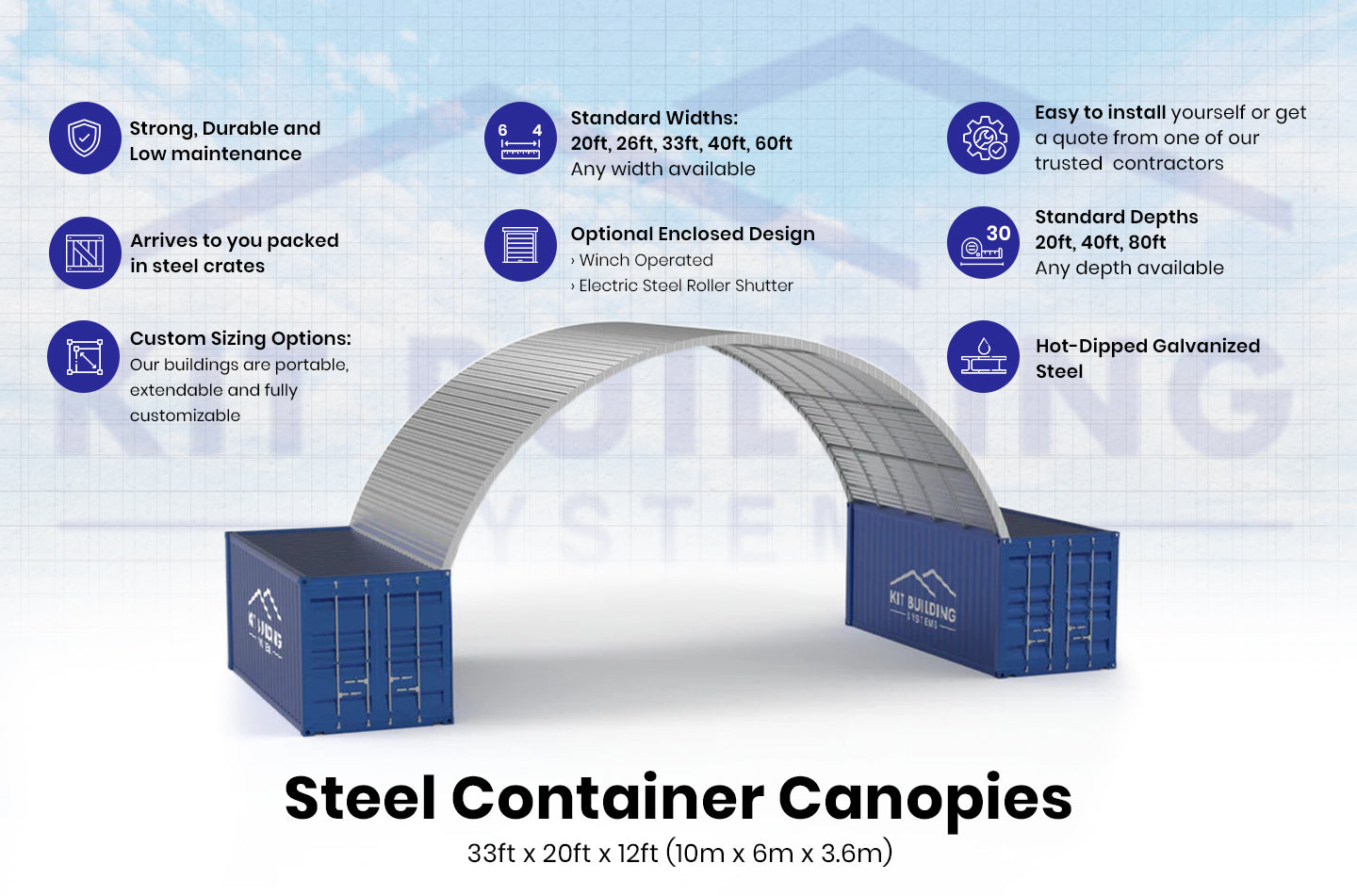 Stålcontaineroverdækninger - 33ft x 20ft x 12ft (10m x 6m x 3,6m)