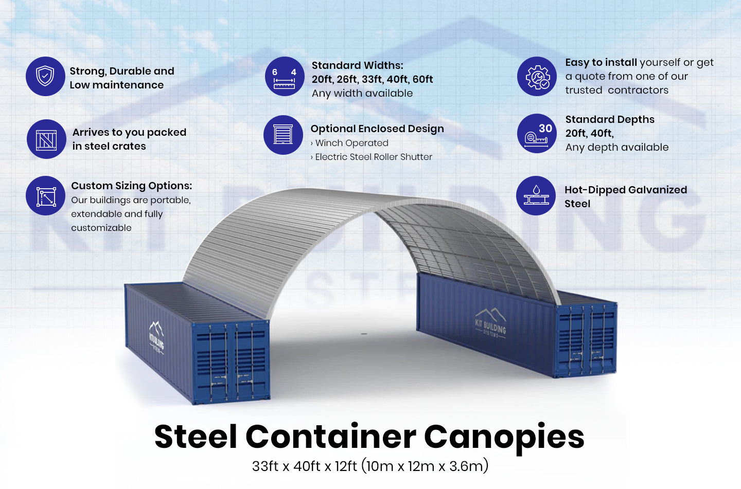 Stålcontaineroverdækninger - 33ft x 40ft x 12ft (10m x 12m x 3,6m)